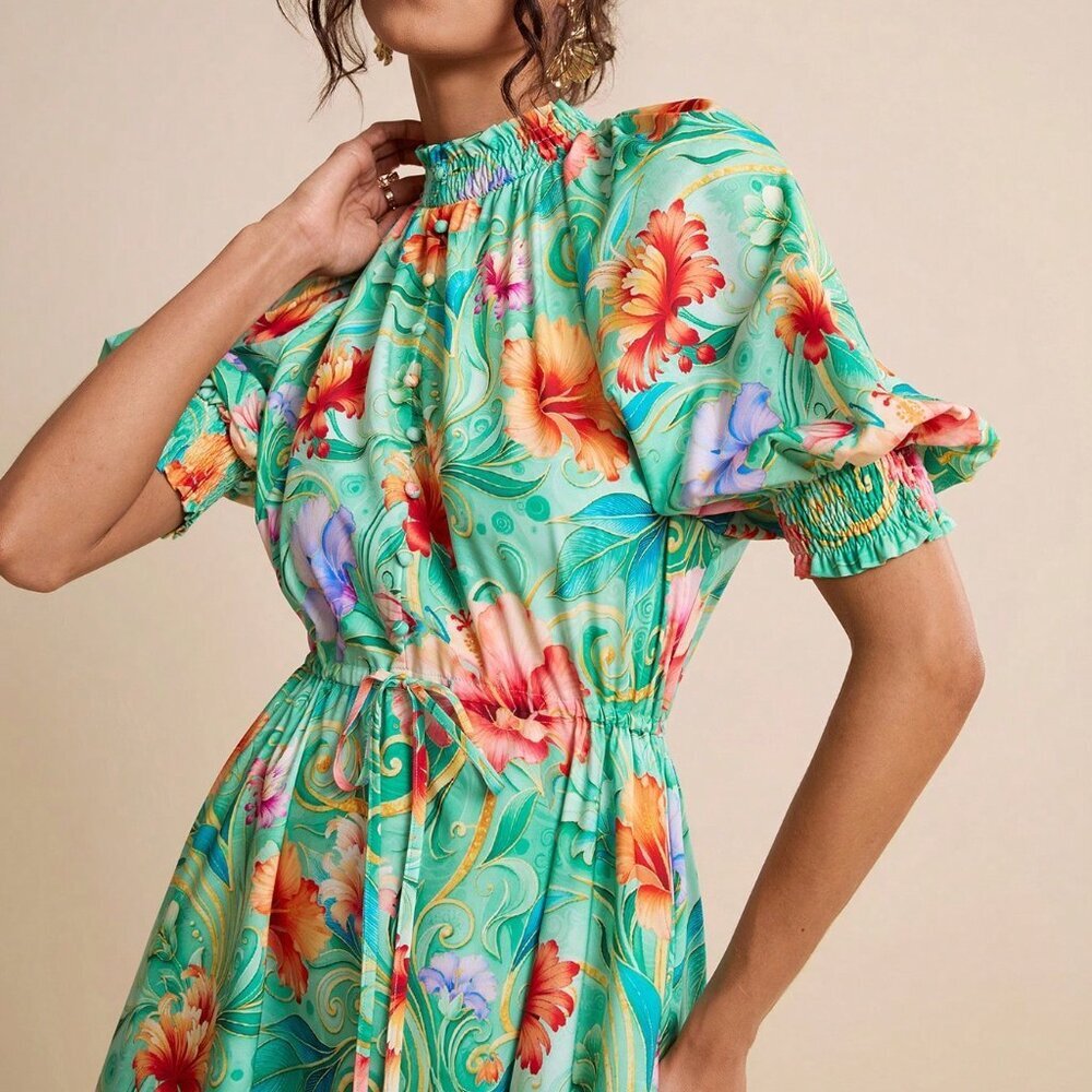 Green & Fuchsia Boho Women's Floral Print Collar Puff Sleeve A-Line Dress - Picture 6 of 7